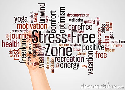 Stress Free Zone word cloud and hand with marker concept Stock Photo