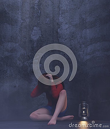 Stress girl sitting alone in a dark room Stock Photo