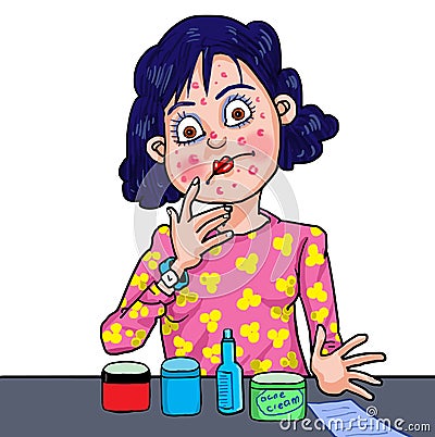 The stress girl with a solution with her acne Vector Illustration