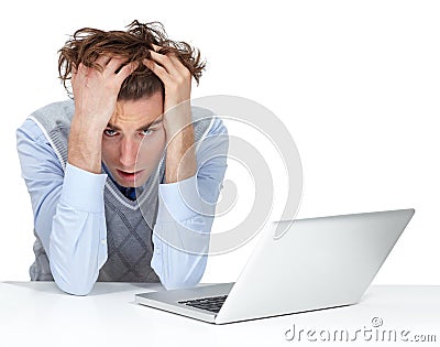 Stress, headache and businessman on laptop, white background and 404 technology glitch. Tired worker with burnout Stock Photo