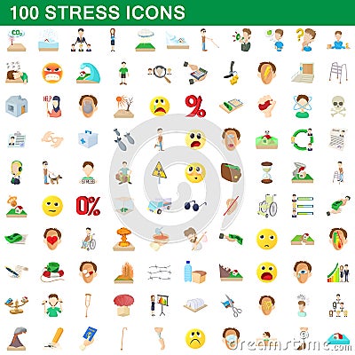 100 stress icons set, cartoon style Vector Illustration