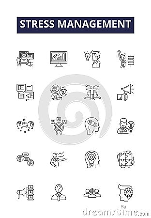 Stress management line vector icons and signs. Relaxation, Exercise, Meditation, Humor, Socializing, Gratitude, Sleep Vector Illustration
