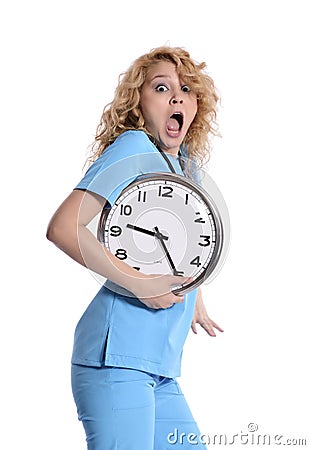 Stress - nurse woman running late Stock Photo