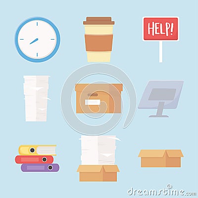 Stress office work clock coffee cup paperwork computer icons Vector Illustration