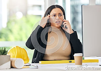 Stress, phone call and architecture with business woman in office for anxiety, communication and building plans Stock Photo