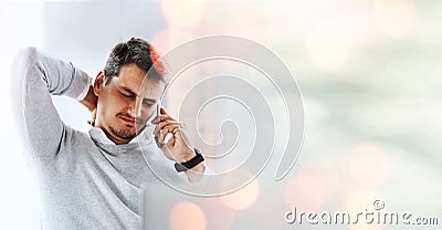 Stress, phone call and business man with neck pain in office with burnout, worry or workload pressure with mockup Stock Photo