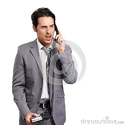 Stress, phone call or business man with telephone or work conflict, fight or difficult client feedback on studio white Stock Photo