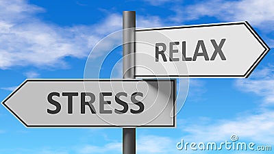 Stress and relax as a choice - pictured as words Stress, relax on road signs to show that when a person makes decision he can Cartoon Illustration