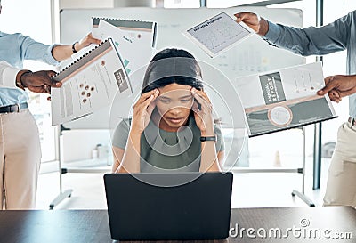 Stress, time management and paperwork of a business woman with laptop, folder and company deadline at office job Stock Photo