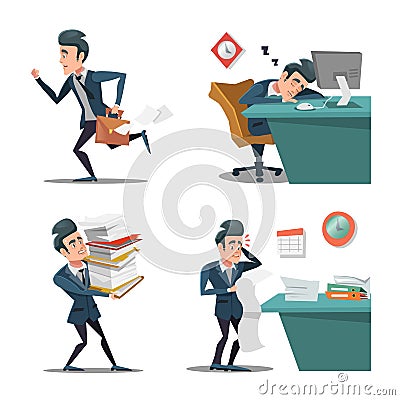 Stress at Work. Businessman with Briefcase Late to Work. Man in Rush. Overtime in Office Vector Illustration