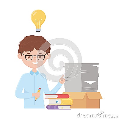 Stress at work, businessman many papers on box books idea Vector Illustration