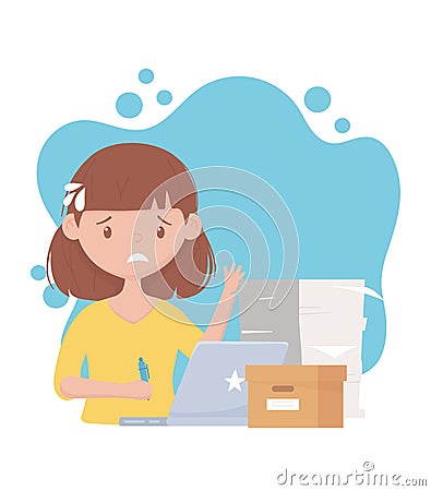 Stress at work, exhausted female employee with a stack of papers a box and laptop Vector Illustration