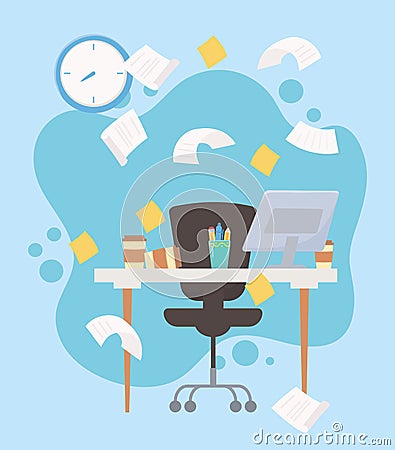 Stress at work, falling papers desk chair computer clock sticky notes and clock Vector Illustration