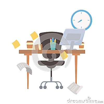Stress at work, falling papers desk chair computer clock sticky notes and clock Vector Illustration