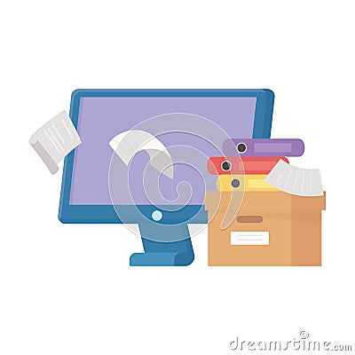 Stress at work, worried worker falling papers computer box filled books Vector Illustration