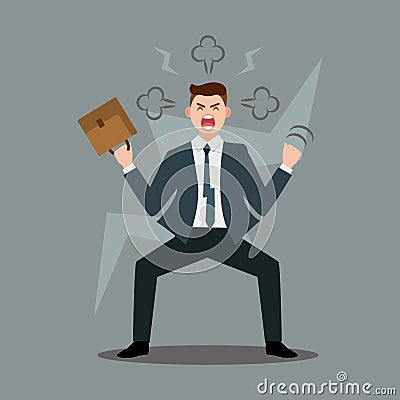 Stress at workplace. Furious businessman experiencing nervous breakdown or professional burnout at office, throwing Vector Illustration