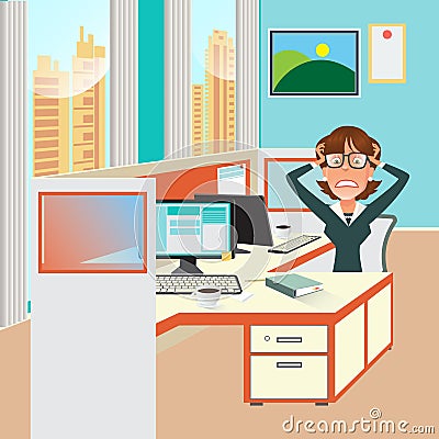 Stressed Business Woman with Documents in Office Work Place. Vector Illustration