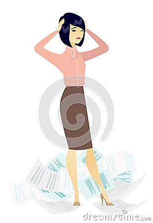 Stressed business woman having lots of work to do. Vector Illustration