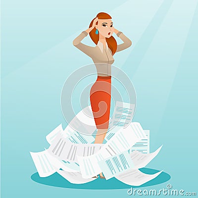 Stressed business woman having lots of work to do. Vector Illustration