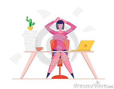 Stressed Business Woman Holding Head with Hands Sitting at Workplace with Documents Heap Loaded with Hard Work Vector Illustration