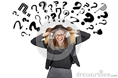 Stressed business woman question marks above head. Pulling hair Stock Photo