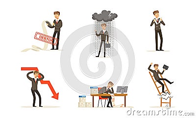 Stressed Businessman Character Set, Financial Problems, Unpaid Loan Debt, Bankruptcy and Crisis Cartoon Vector Vector Illustration