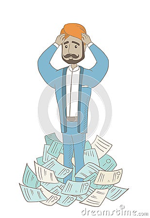 Stressed businessman having lots of work to do. Vector Illustration