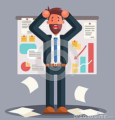 Stressed businessman standing against a bad results chart. Business fail. Graph down flat illustration Cartoon Illustration