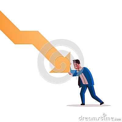 Stressed businessman stopping economic arrow falling down financial crisis bankrupt investment risk concept full length Vector Illustration