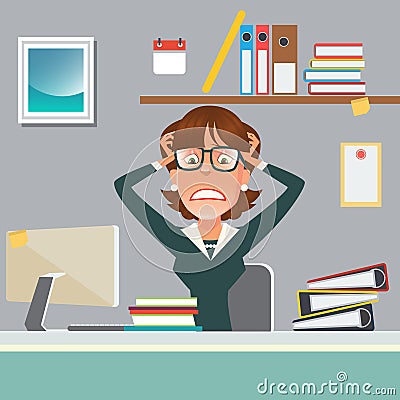 Stressed Businesswoman in Office Work Place with Computer and Documents. Vector Illustration