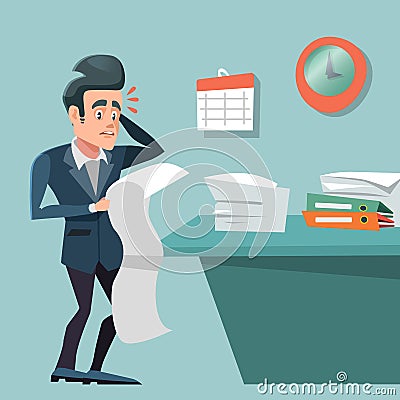 Stressed Busy Businessman with Long To Do List. Overtime at Work Vector Illustration