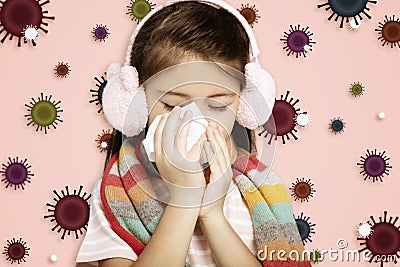 Stressed child wearing Protection Mask against flu virus background Stock Photo