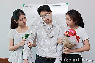 Stressed complicated relationship between three people. Love triangle concept. Stock Photo