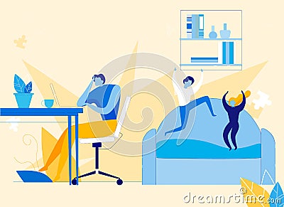 Stressed Father and Naughty Hyperactive Children. Vector Illustration