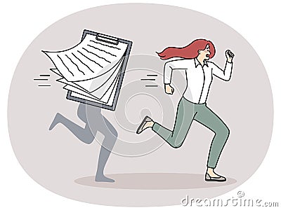 Stressed woman worker run from paperwork Vector Illustration