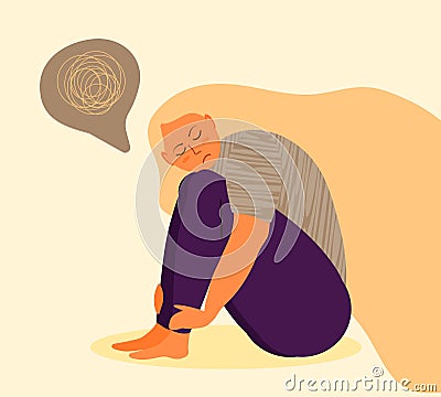 Stressed, frustrated girl concept vector. Scene of accusation in life, depression in work. Upset girl with long hair sits and hugs Cartoon Illustration