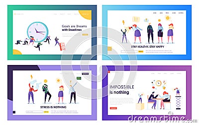 Stressed Hardworking Business People in Office Website Landing Page Templates Set. Employees Frustrated about Deadline, Working Vector Illustration