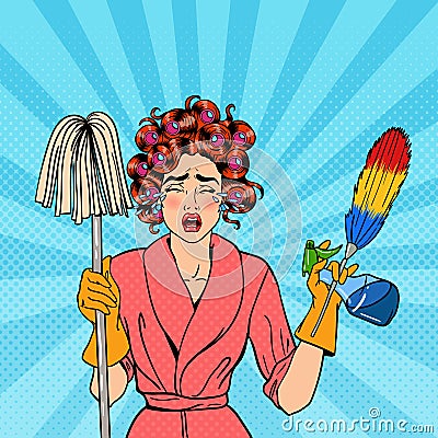 Stressed Housewife with Mop Pop Art Vector Illustration