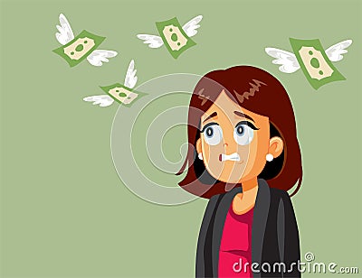 Stressed Woman Looking How her Money Fly Vector Cartoon Vector Illustration