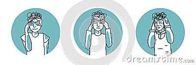 Stressed male circle icons set. Young, adult and old men suffer with stress, emotion of anxiety, cover head with hands. Mint color Vector Illustration