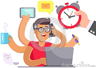 Stressed man doing simultaneously many tasks. Multitasking guy trying to deal with deadlines at work Cartoon Illustration