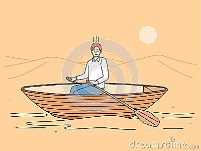 Stressed man rowing in desert Vector Illustration