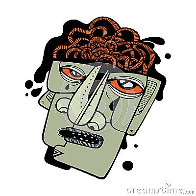 Stressed man`s face with a boiling brain. Stress, headache, information overload, psychological burnout. Vector Vector Illustration