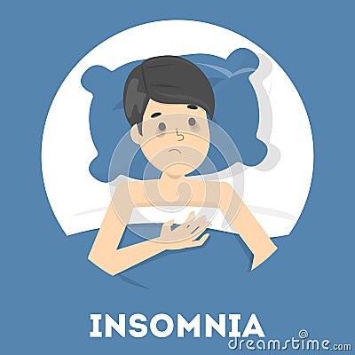 Stressed man is suffering from the insomnia Vector Illustration