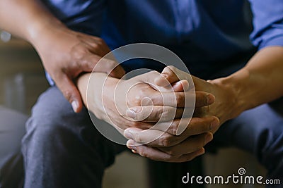 Stressed man are treated by a psychologist or psychiatrist in a psychiatric clinic or hospital. Patients reported symptoms of Stock Photo