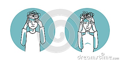 Stressed man and woman with emotion of anxiety circle icon, facial expression with gestures. Stressful mood people, expressing Vector Illustration