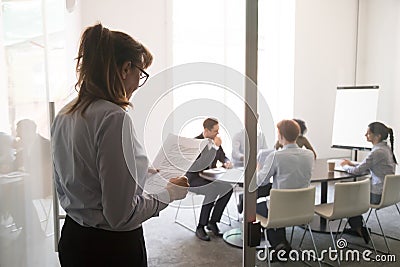 Stressed nervous businesswoman preparing speech feeling public speaking fear Stock Photo