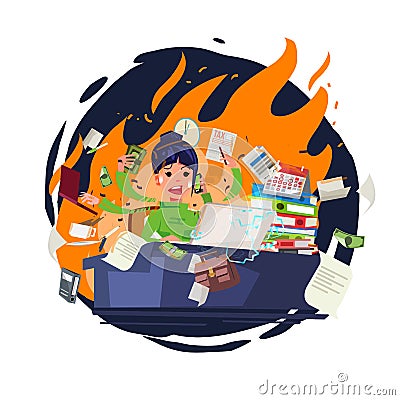 Stressed office girl working quickly and busy with fire in background. character design - vector Vector Illustration