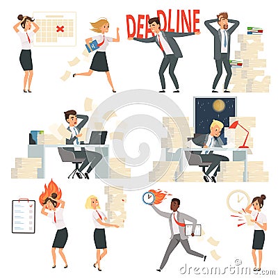 Stressed office people. Overworked deadline time busy business managers night workers vector cartoon characters Vector Illustration