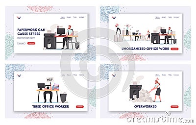 Stressed Office Work Landing Page Template Set. Unorganized People in Paper Garbage, Busy Employee Characters Deadline Vector Illustration